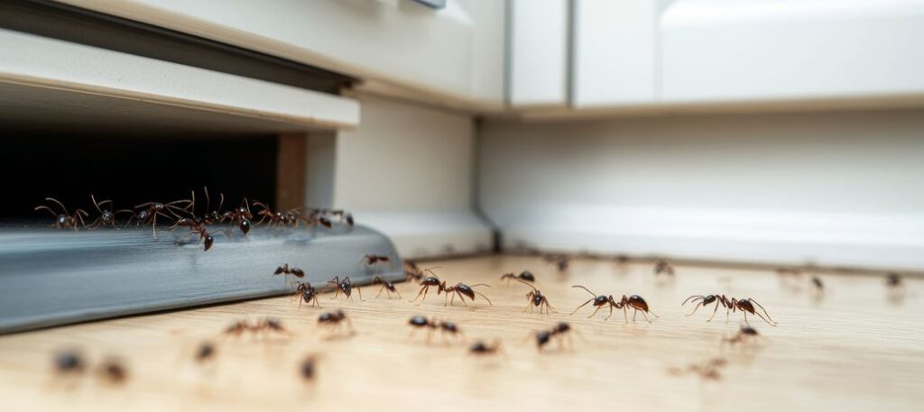 Ants moving around in the kitchen of a home